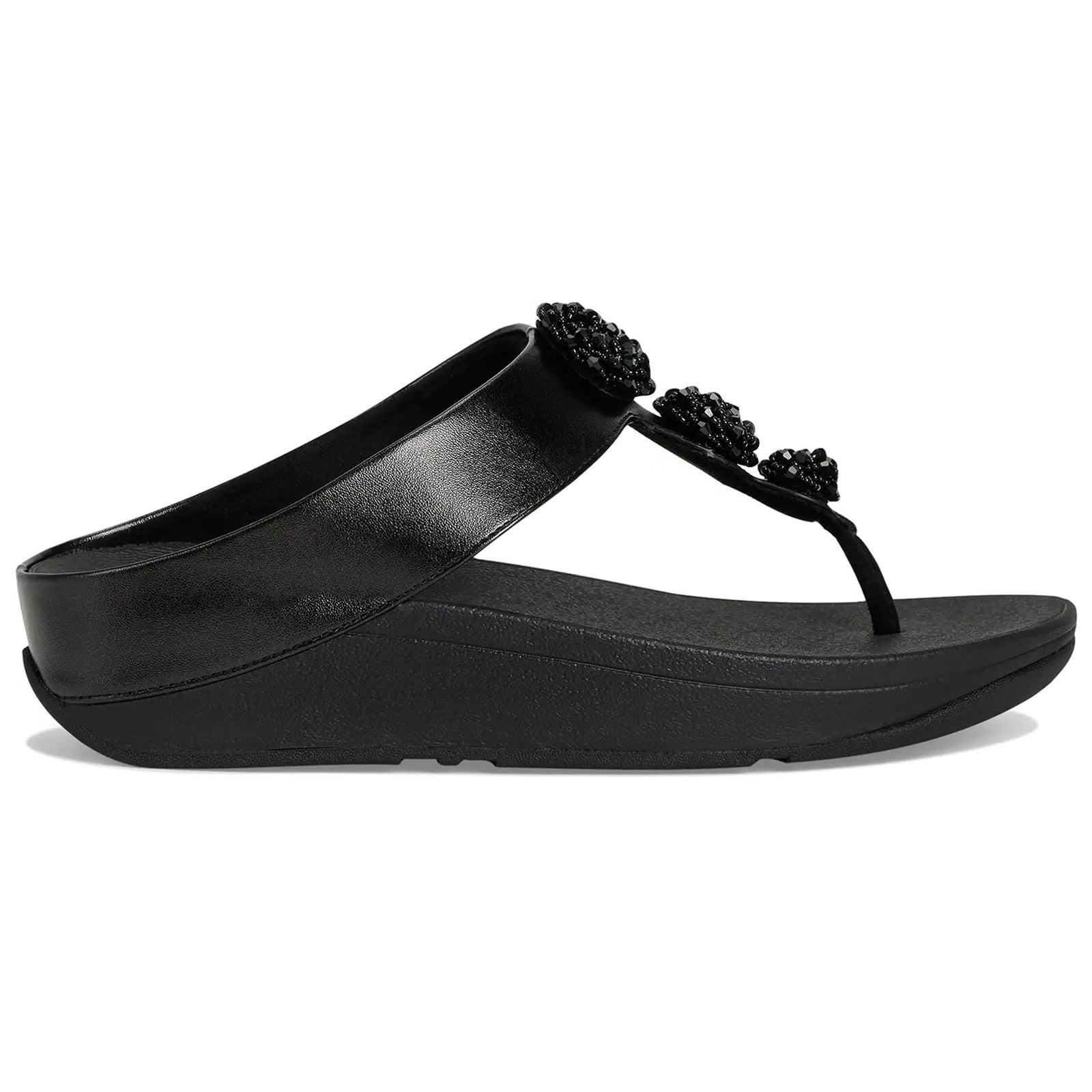 FitFlop Fino Beadie Button Metallic Toe Post PU Microfibre Womens Sandals#color_metallic black