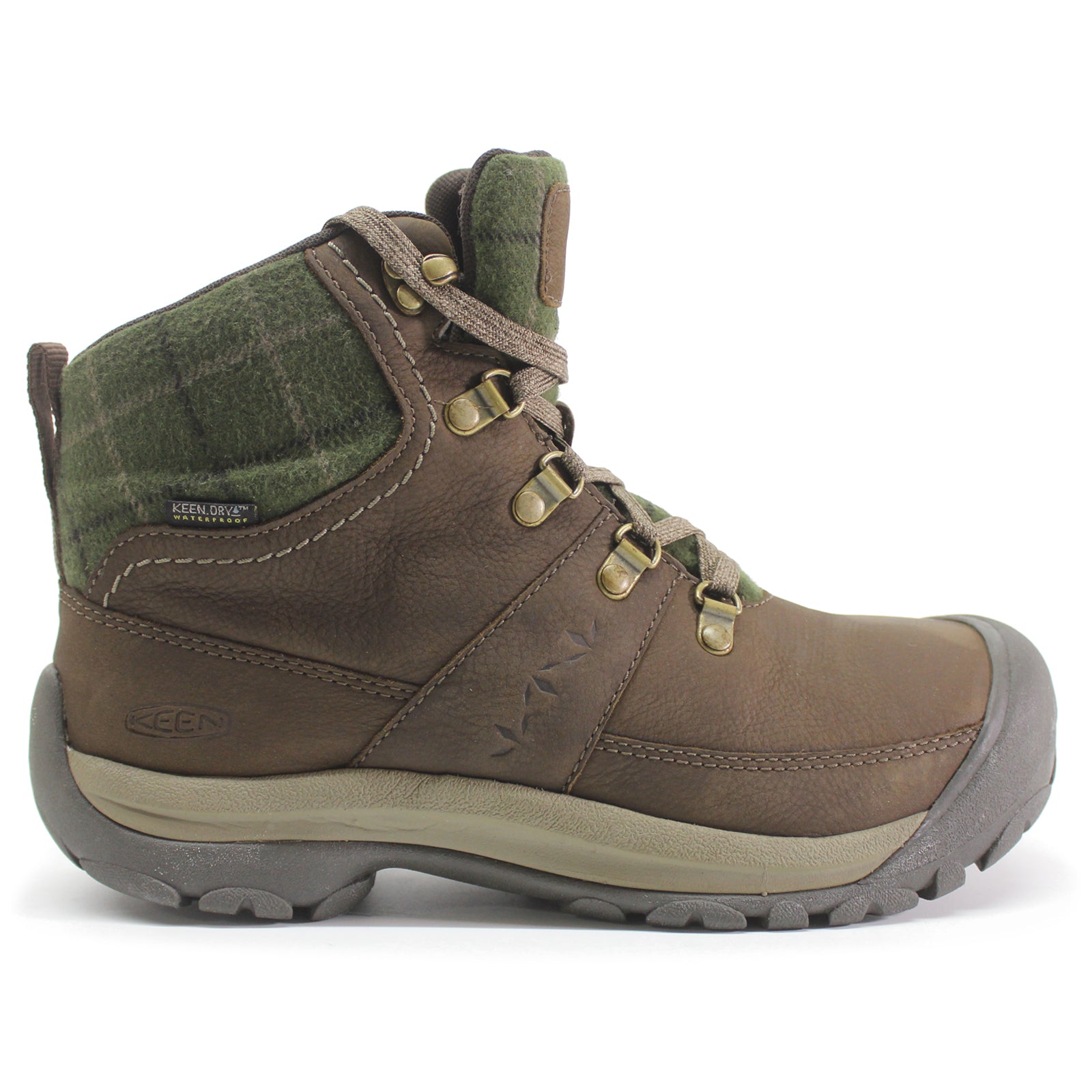 Keen Kaci III Winter Mid Leather Textile Womens Boots#color_dark earth green plaid