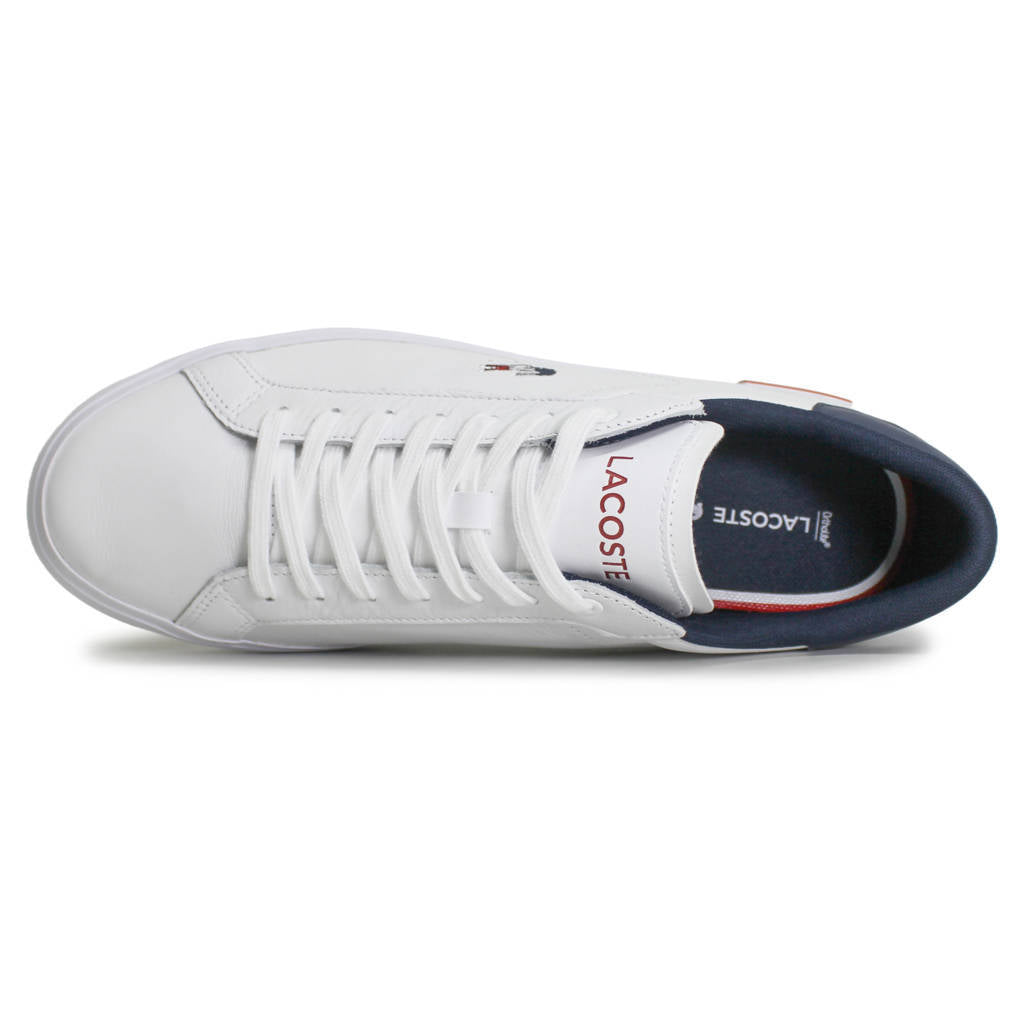 Lacoste Powercourt Leather Synthetic Mens Sneakers#color_white navy red