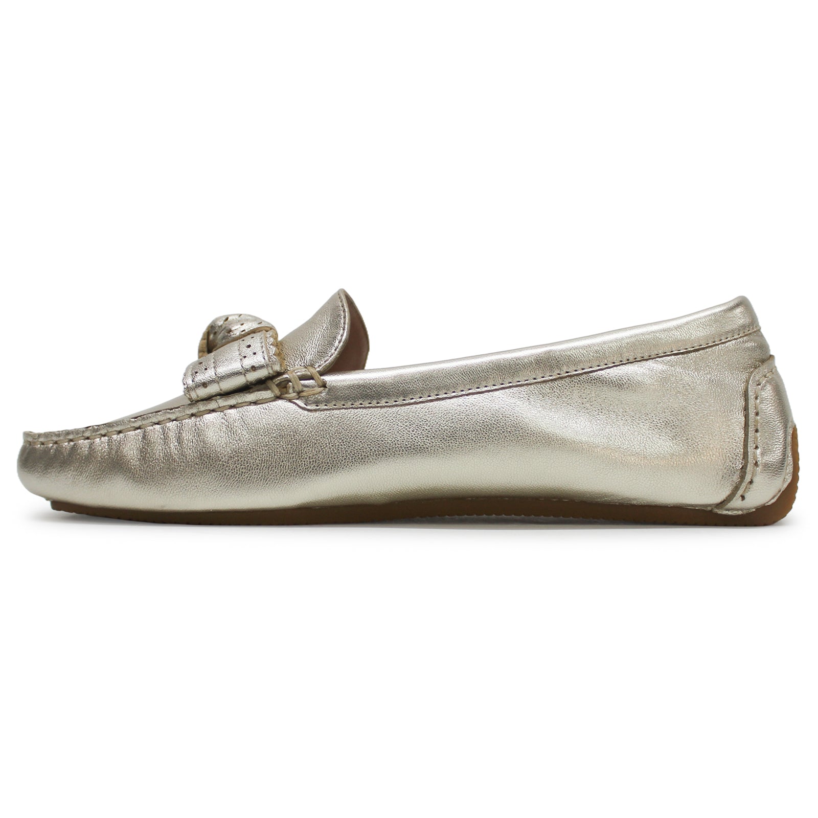 Cole Haan Bellport Bow Driver Leather Womens Shoes#color_soft gold