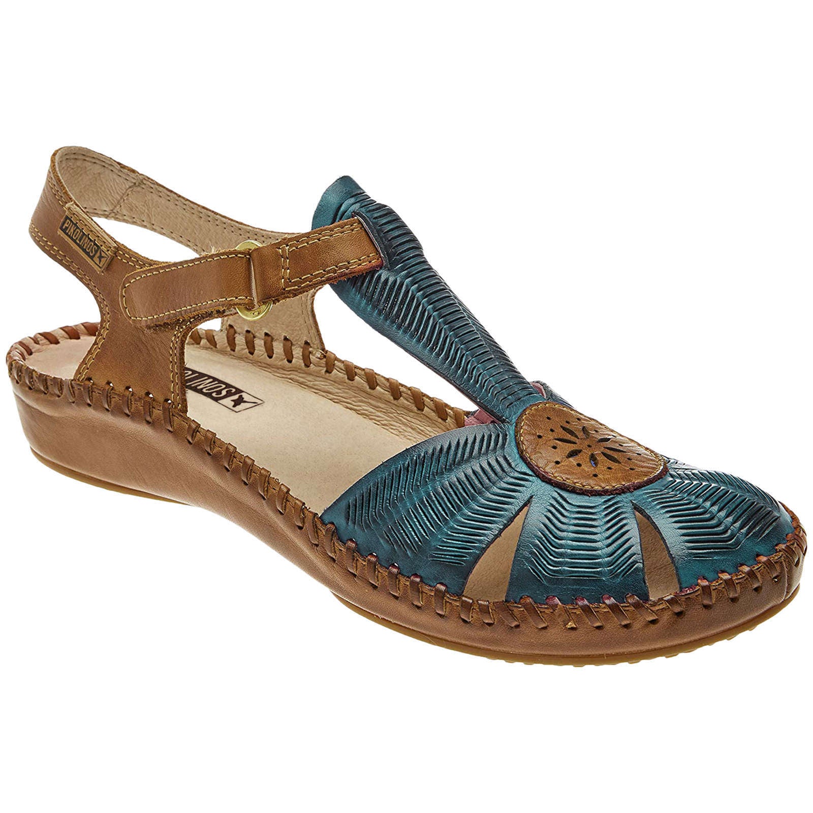 Pikolinos Puerto Vallarta 655-0575 Leather Womens Sandals#color_petrol brandy