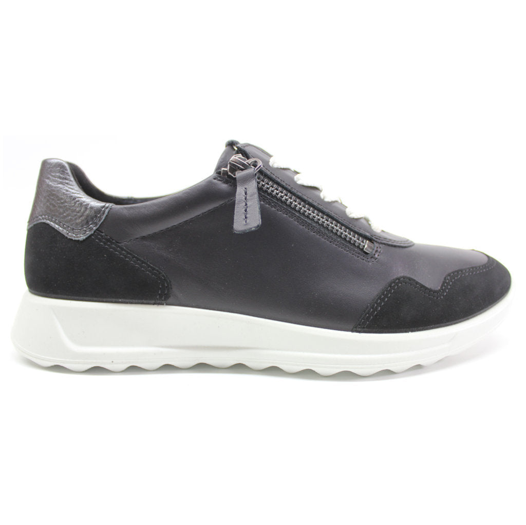 Ecco Flexure Runner 292453 Full Grain Leather Womens Trainers#color_black black silver heavy